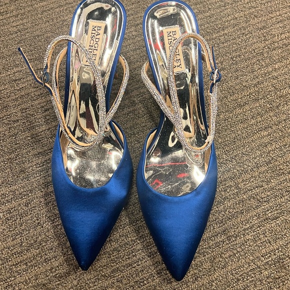 Badgley Mischka royal blue satin evening shoe with crystal straps. - Picture 1 of 4
